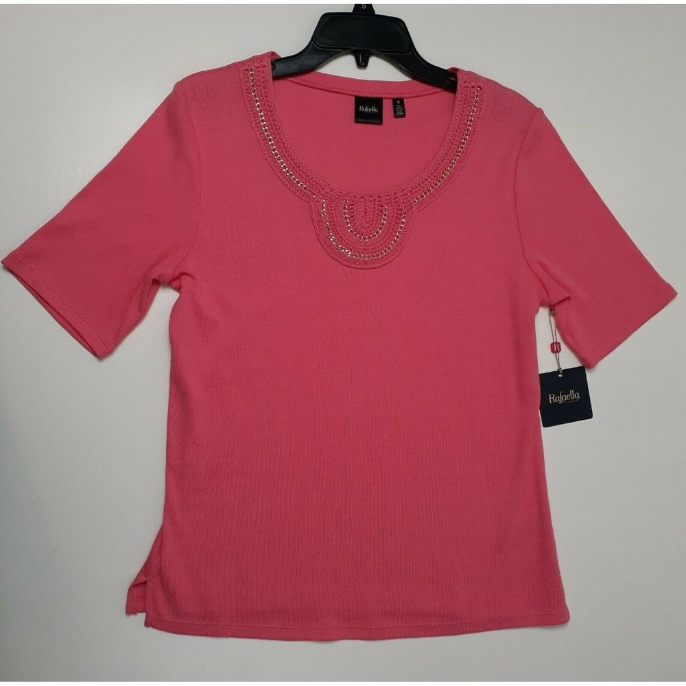 NWT! Rafaella Women's Blouse Top Coral/Lily Pink with Crochet Neckline - Medium